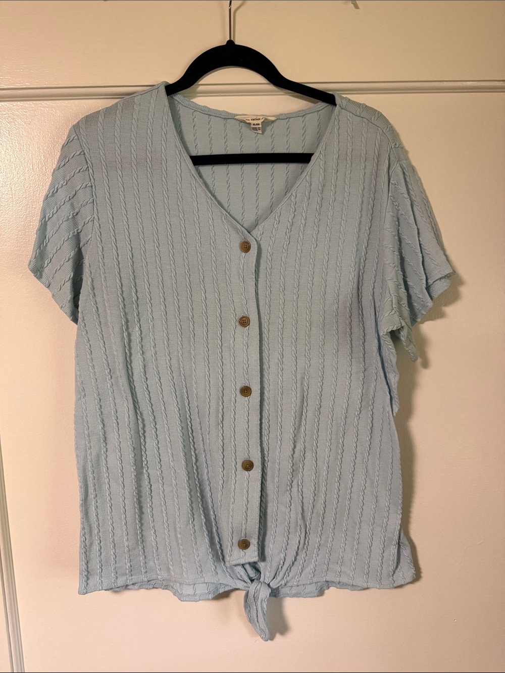 Light Blue Tie-Hem Button Down Short Sleeve Top